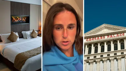 hotel room (l) woman shares hotel experience (c) Caesars Palace hotel (r)