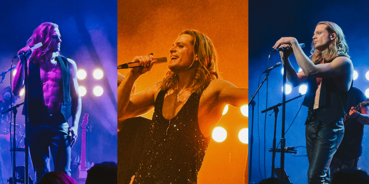 three pictures of a man on stage