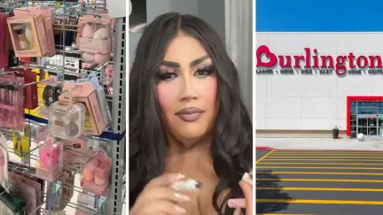 store make up section (l) woman shares burlington encounter (c) Burlington storefront (r)