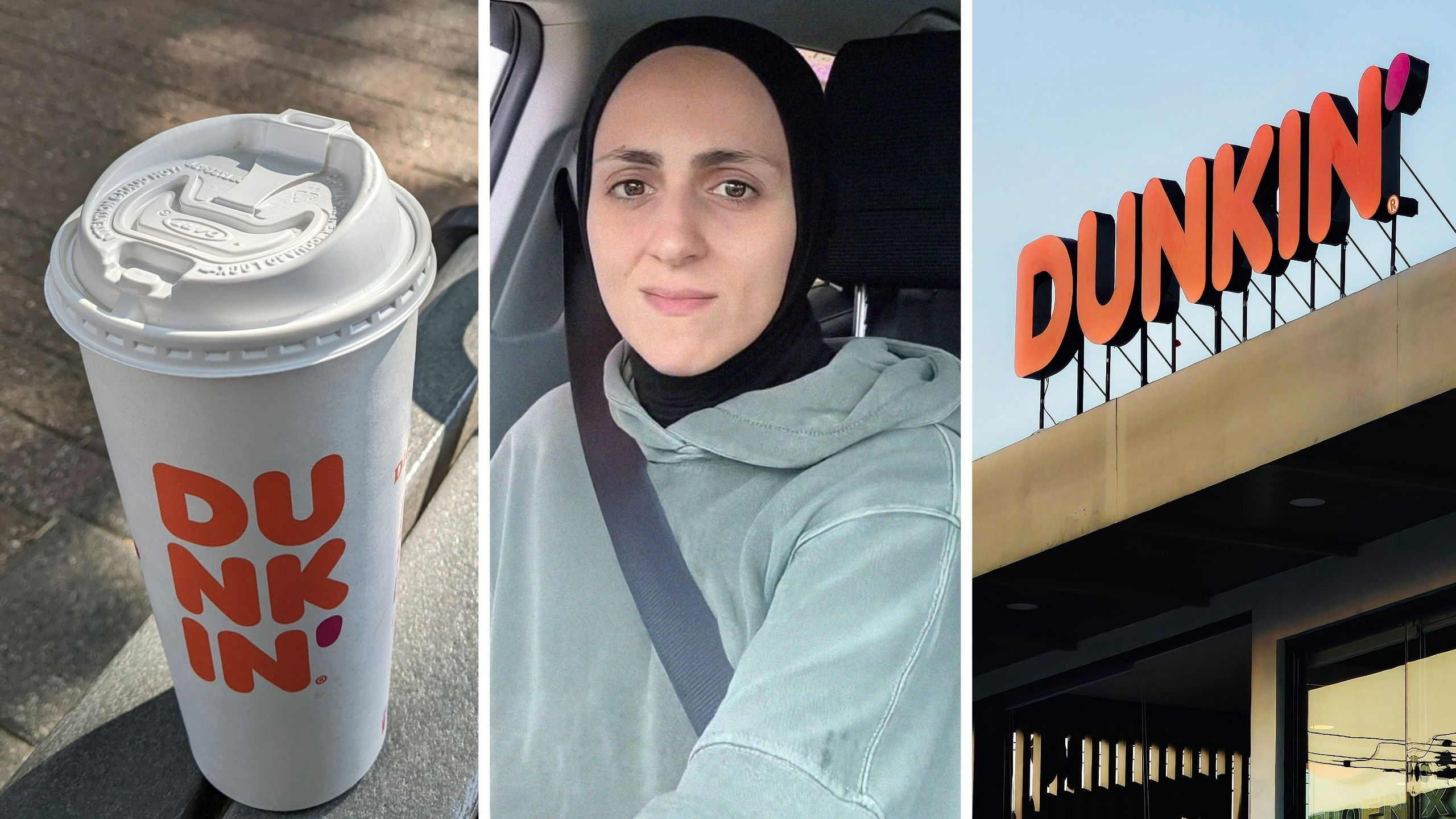 Dunkin coffee (l) woman shares dunkin donuts order (c) Dunkin donuts entrance (r)