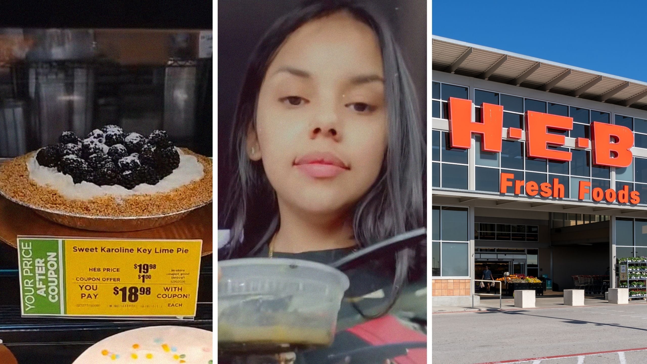 Sweet Karoline pie (l) woman shares pie shopping issue (c) H-E-B storefront (r)