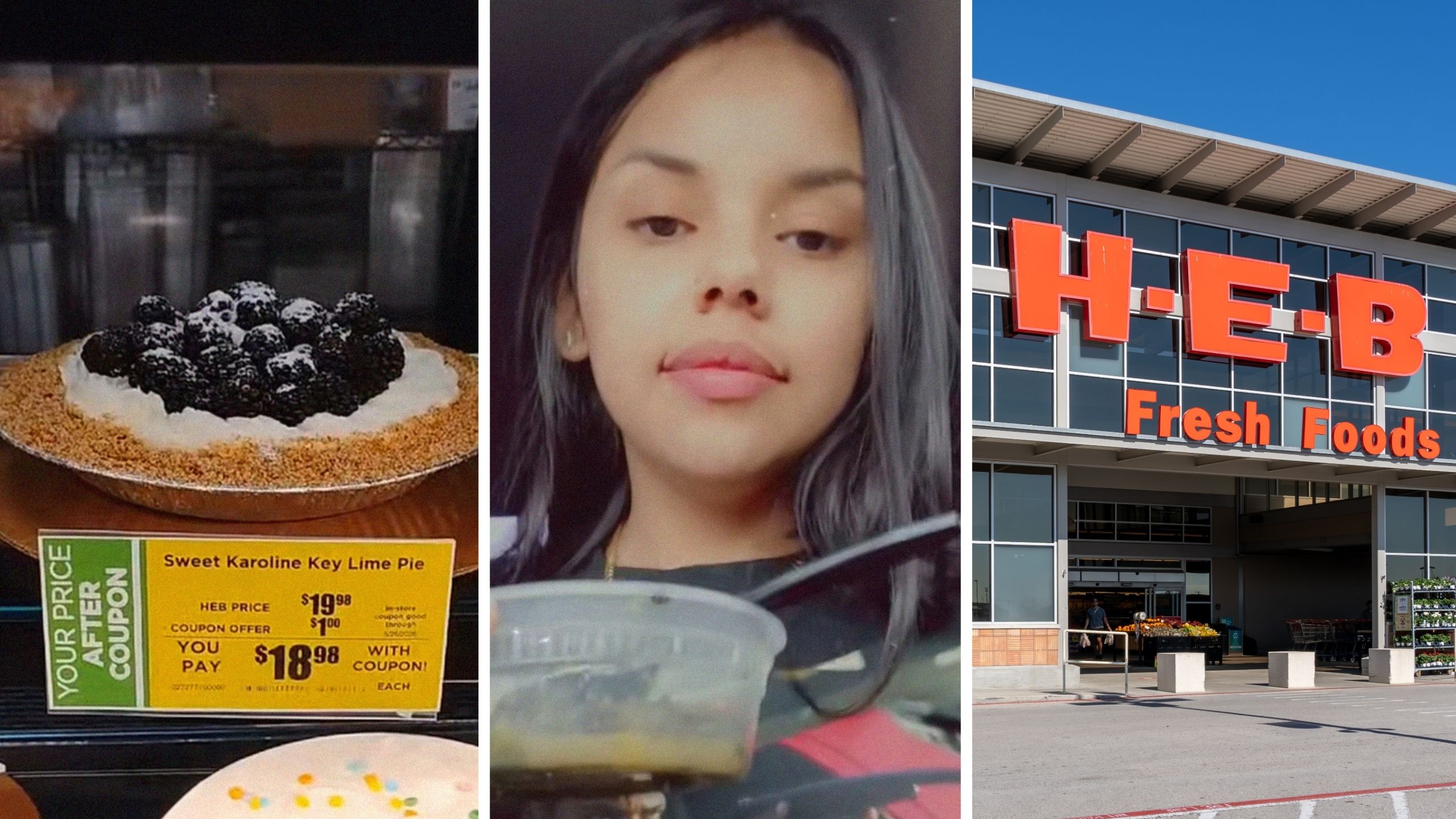Sweet Karoline pie (l) woman shares pie shopping issue (c) H-E-B storefront (r)