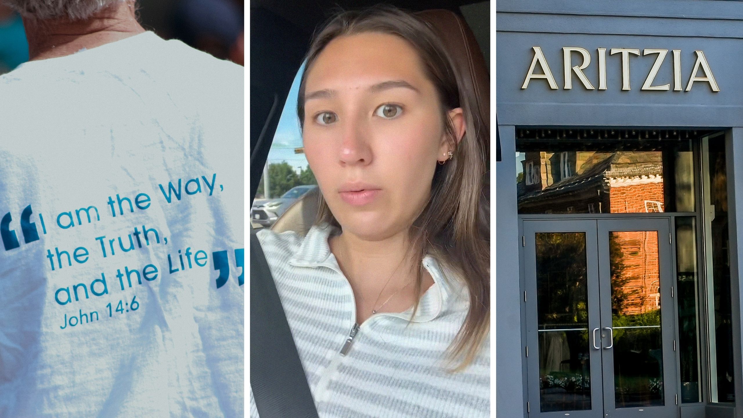 bible verse on shirt (l) woman share Aritzia experience (c) Aritzia storefront (r)