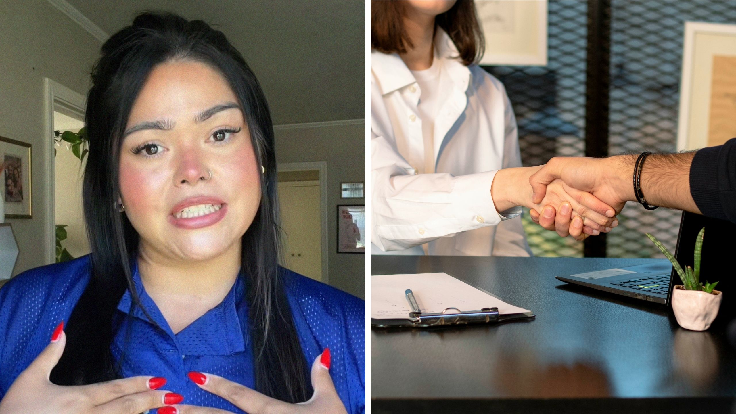 woman shares job interview outfit (l) woman at job interview (r)