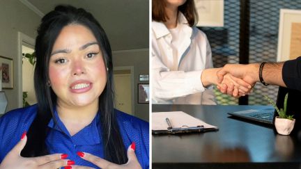 woman shares job interview outfit (l) woman at job interview (r)