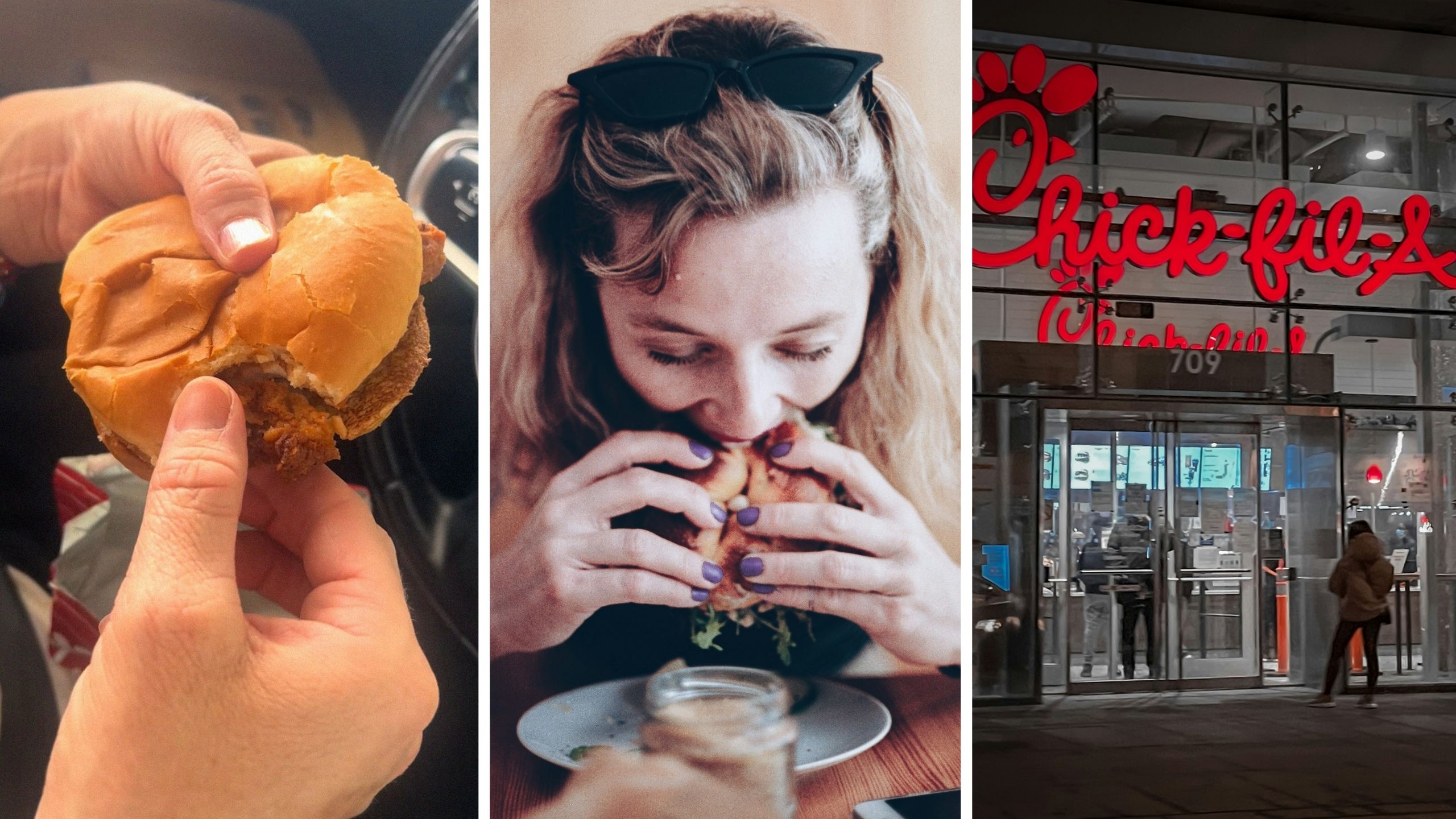 Chick-fil-A sandwich (l) woman takes first bite of Chick-fil-A sandwich (c) Chick-fil-A fast food (r)