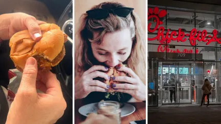 Chick-fil-A sandwich (l) woman takes first bite of Chick-fil-A sandwich (c) Chick-fil-A fast food (r)