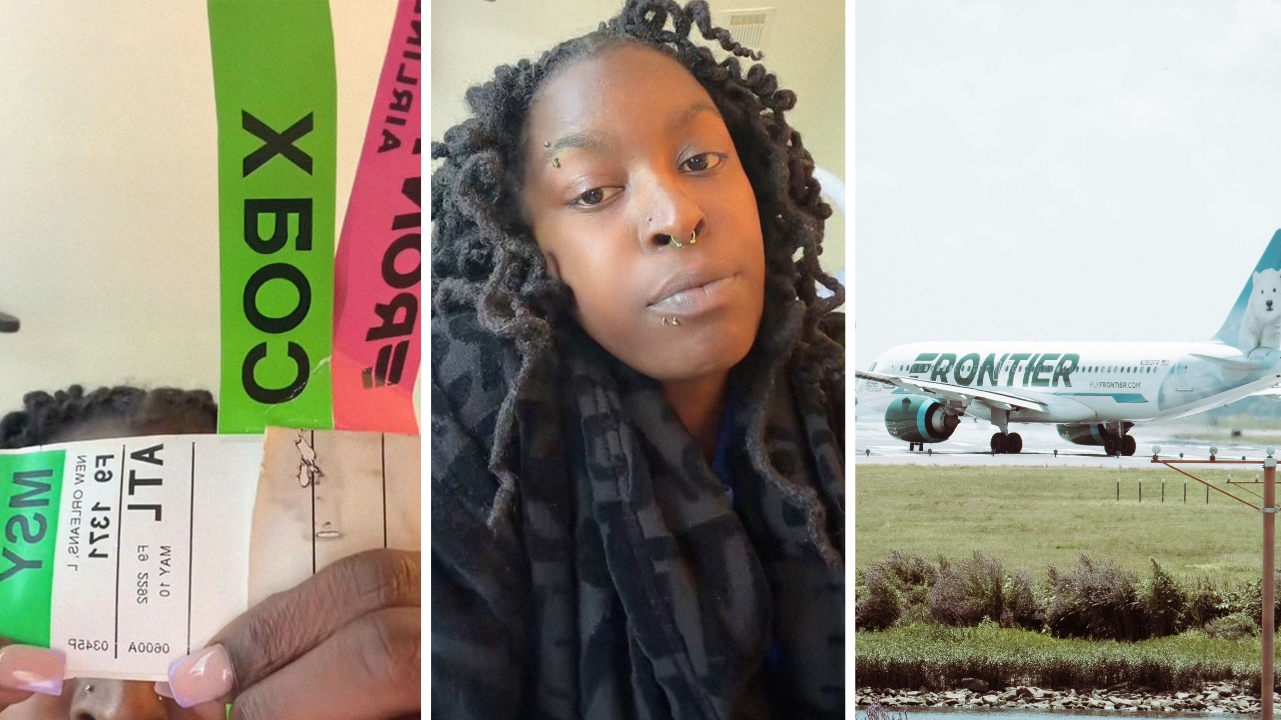 check-in bag tickets (l) woman shares frontier airlines issue (c) Frontier airlines (r)