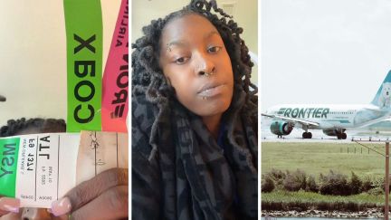 check-in bag tickets (l) woman shares frontier airlines issue (c) Frontier airlines (r)