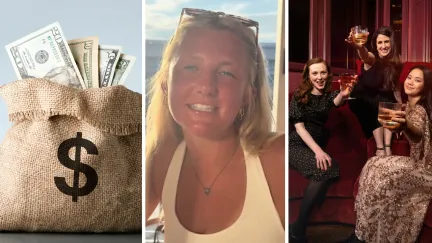 bag of money (l) women shares relationship pranks (c) 3 girls at dinner (r)