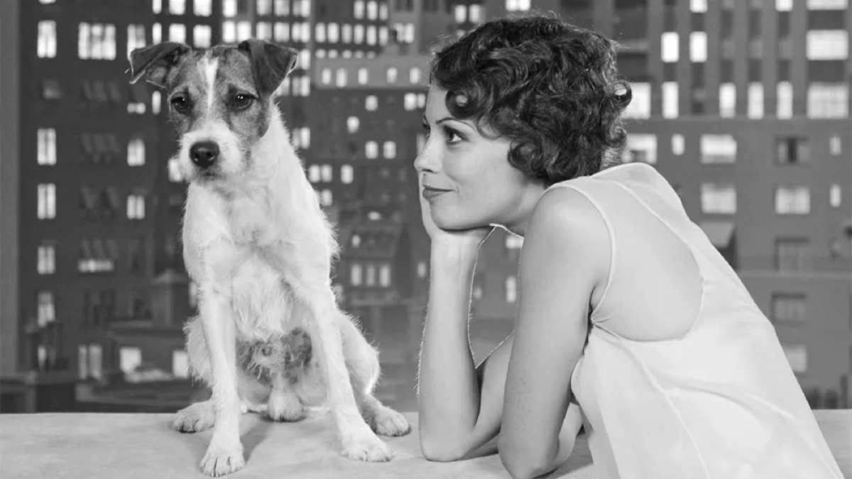 A woman looks lovingly at a dog in "The Artist"