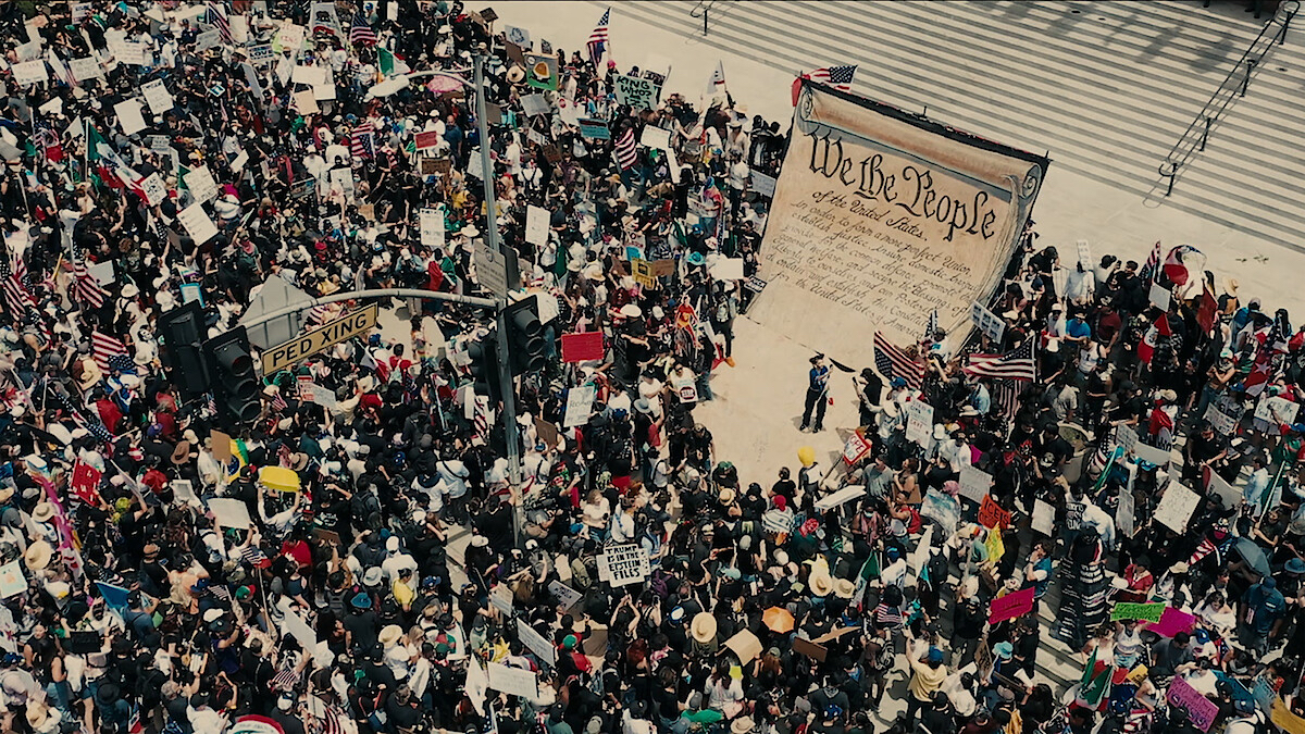 a crowd of AI-generated people with a declaration