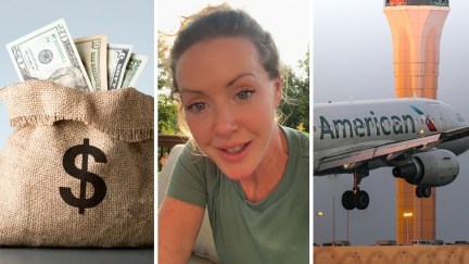 bag of money (l) woman shares American Airlines experience (c) American airlines aircraft (r)