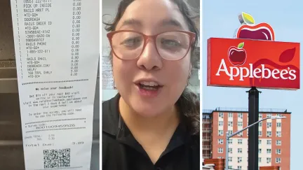 orders receipt (l) woman shares weird orders (c) Applebee's entrance (r)