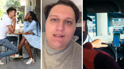 couple on a 4th date (l) man shares a day in the job (c) rideshare driver (r)