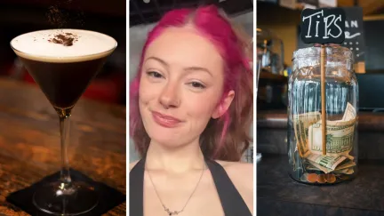 expresso martini (l) woman shares a day in the job (c) tip jar (r)