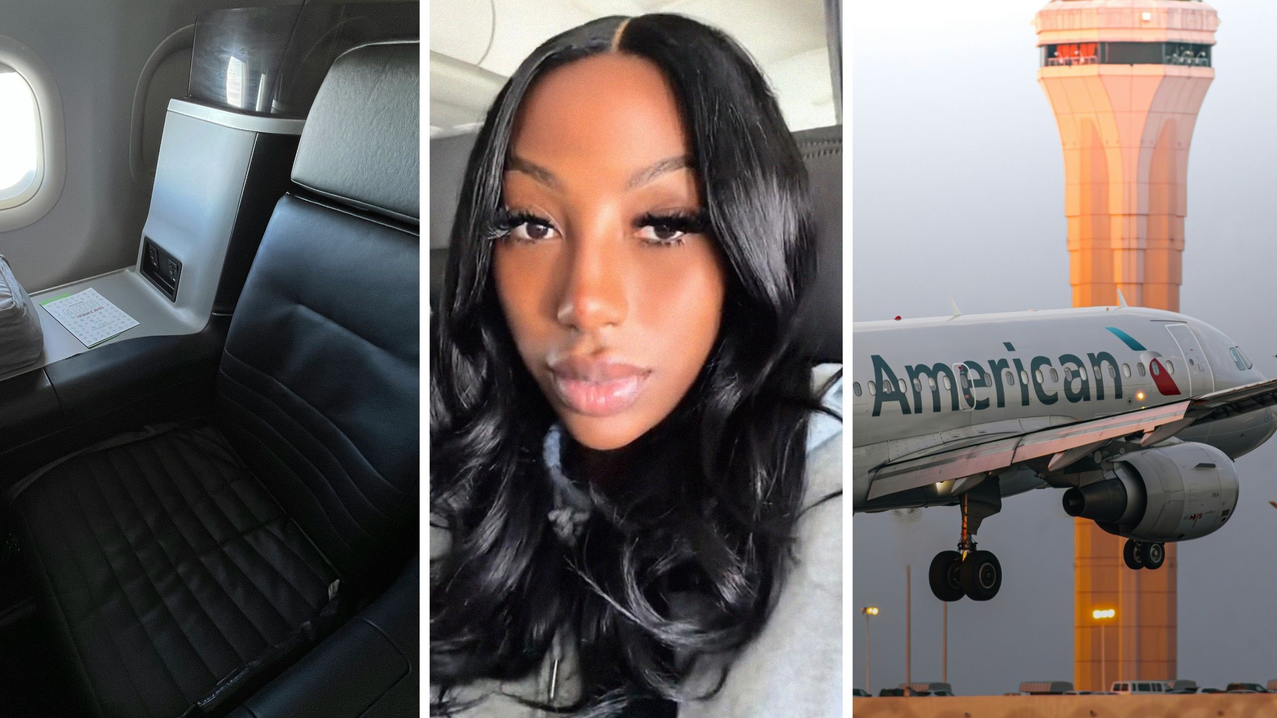first class seats (l) woman shares flight experience (c) American airlines (r)