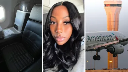 first class seats (l) woman shares flight experience (c) American airlines (r)