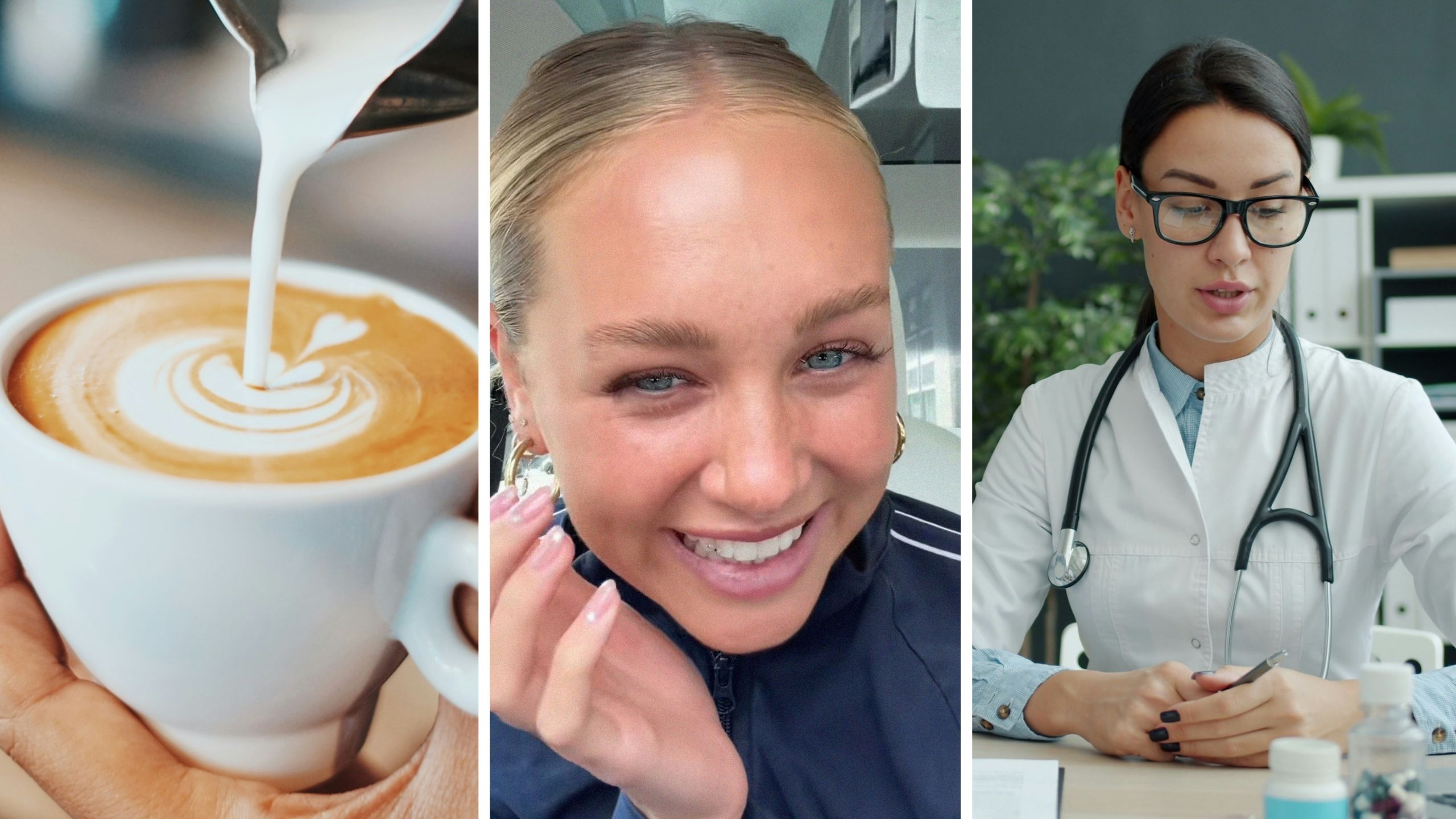 fresh cup of coffee (l) woman shares doctor’s appointment experience (c) doctor’s appointment (r)