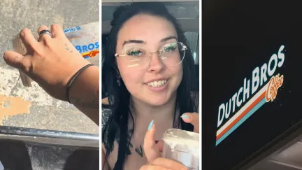woman pouring drink (l) woman shares drink purchase issue (c) Dutch Bros entrance (r)