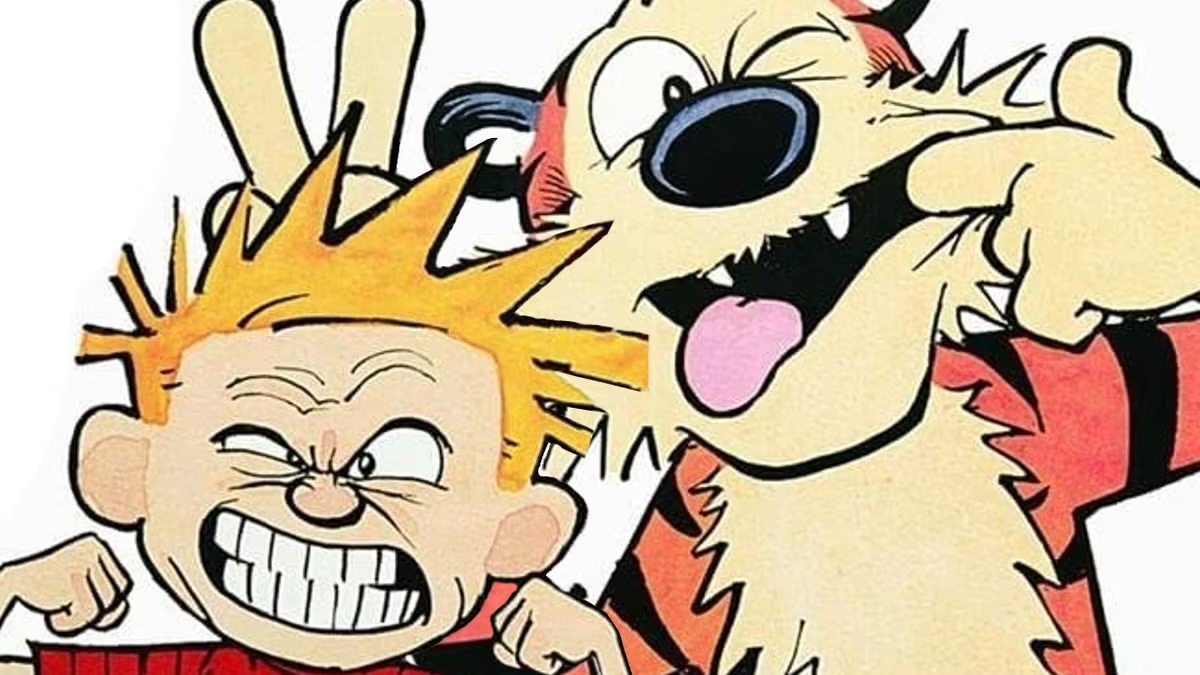 Calvin and Hobbes pull funny faces in the Calvin and Hobbes comic