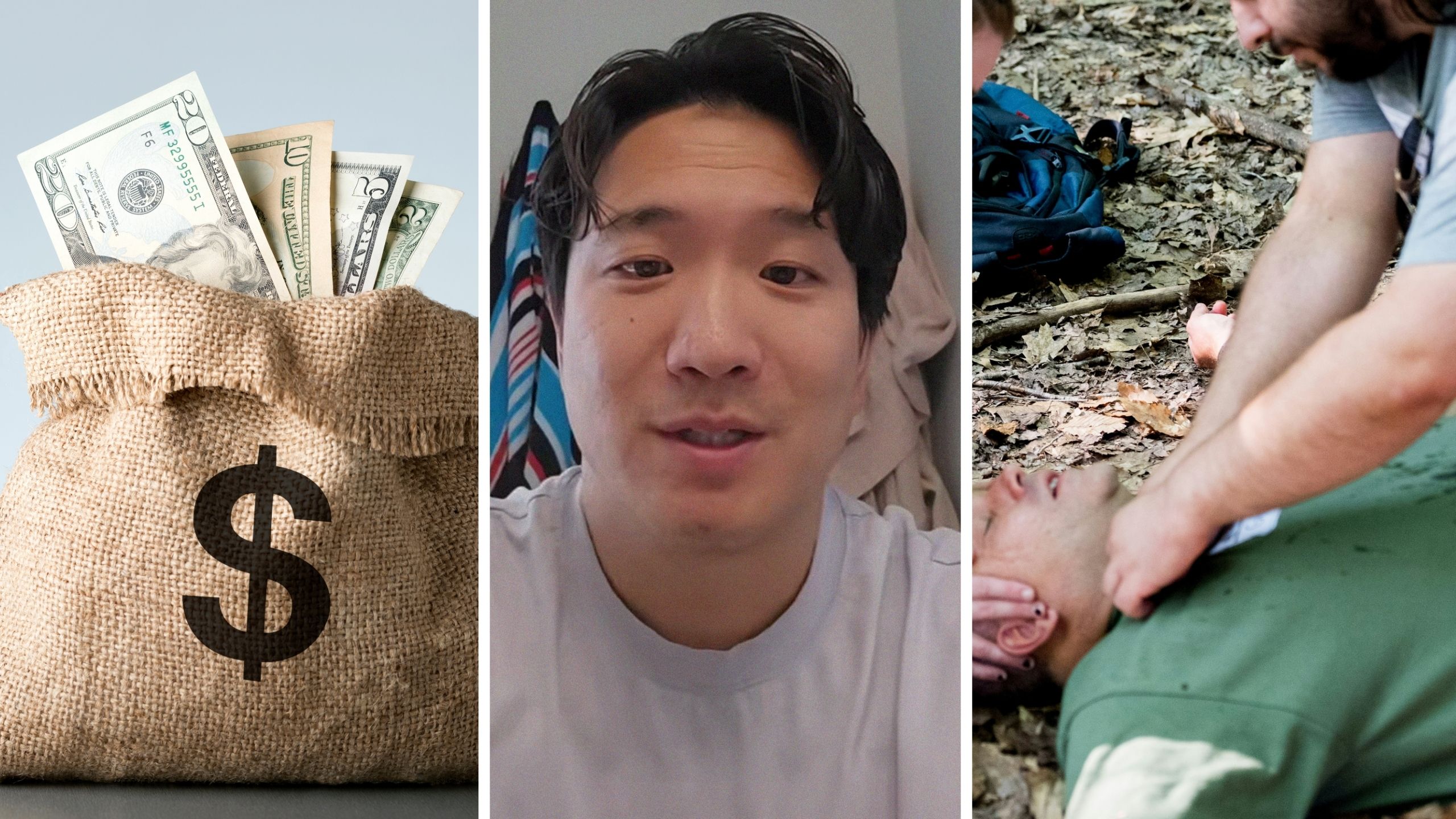 bag of money (l) man shares strange life experience (c) man doing cpr (r)