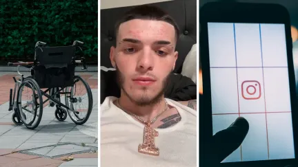 wheel chair for paralyzed person (l) man shares how he got paralyzed (c) Instagram app (r)