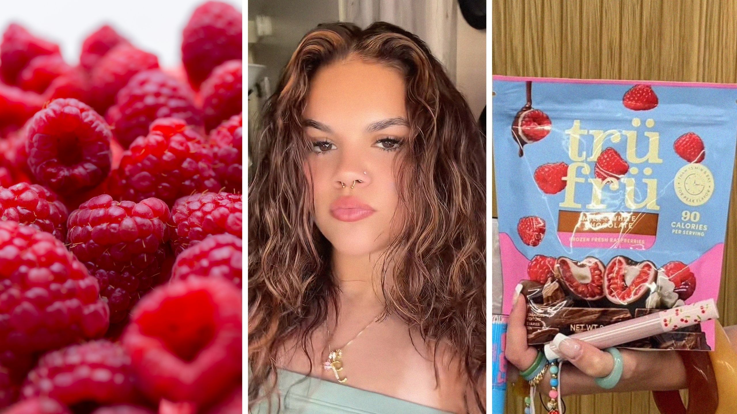 juicy raspberries (l) woman shares snack eating issue (c) Tru Fru snack bag (r)