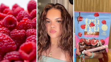juicy raspberries (l) woman shares snack eating issue (c) Tru Fru snack bag (r)