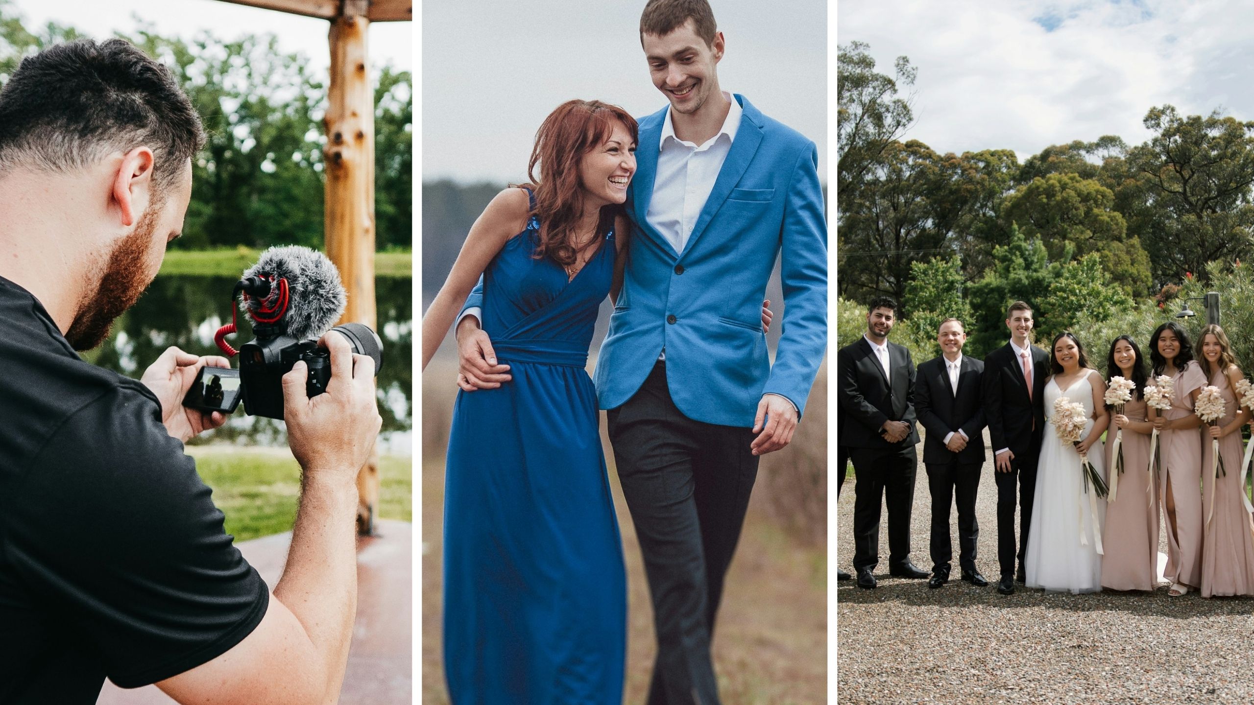 wedding photographer (l) couple goes to wedding in blue (c) wedding group photo (r)