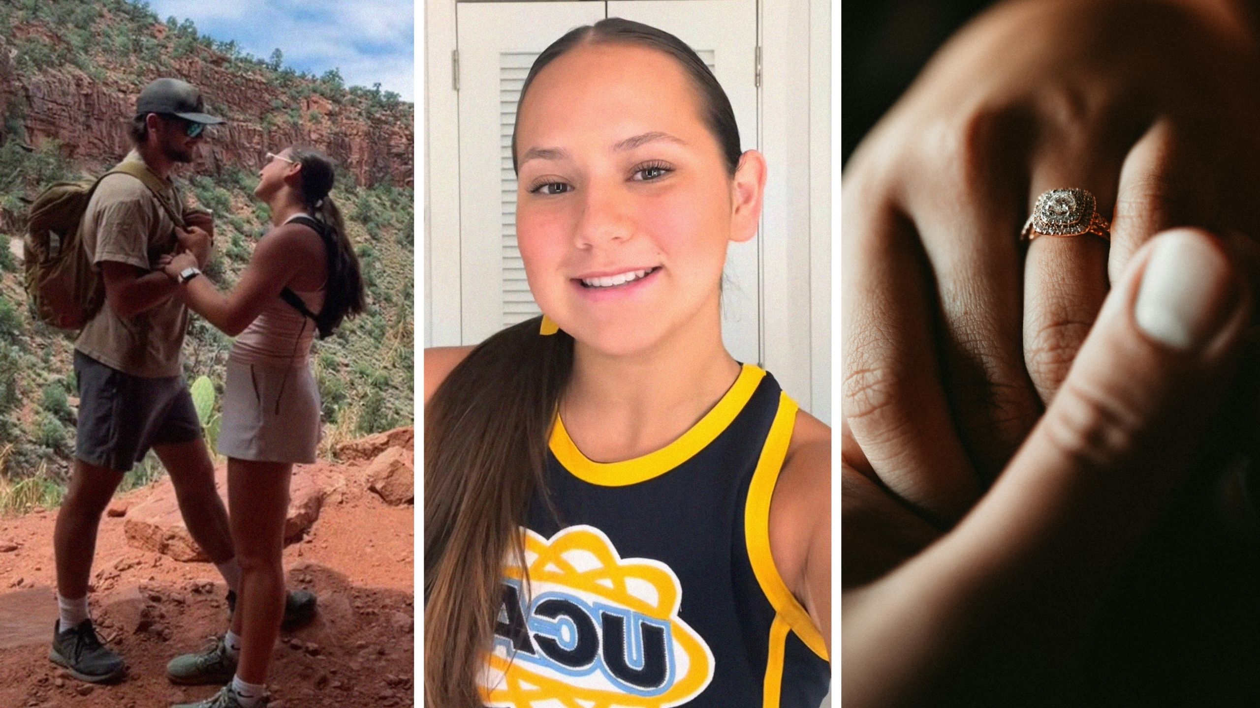 couple at zion national park (l) woman shares relationship story (c) engagement ring (r)