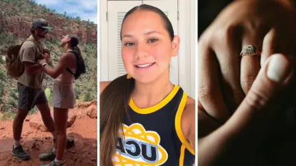 couple at zion national park (l) woman shares relationship story (c) engagement ring (r)