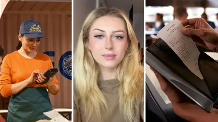 server taking food orders (l) woman shares restaurant experience (c) bill at restaurant (r)