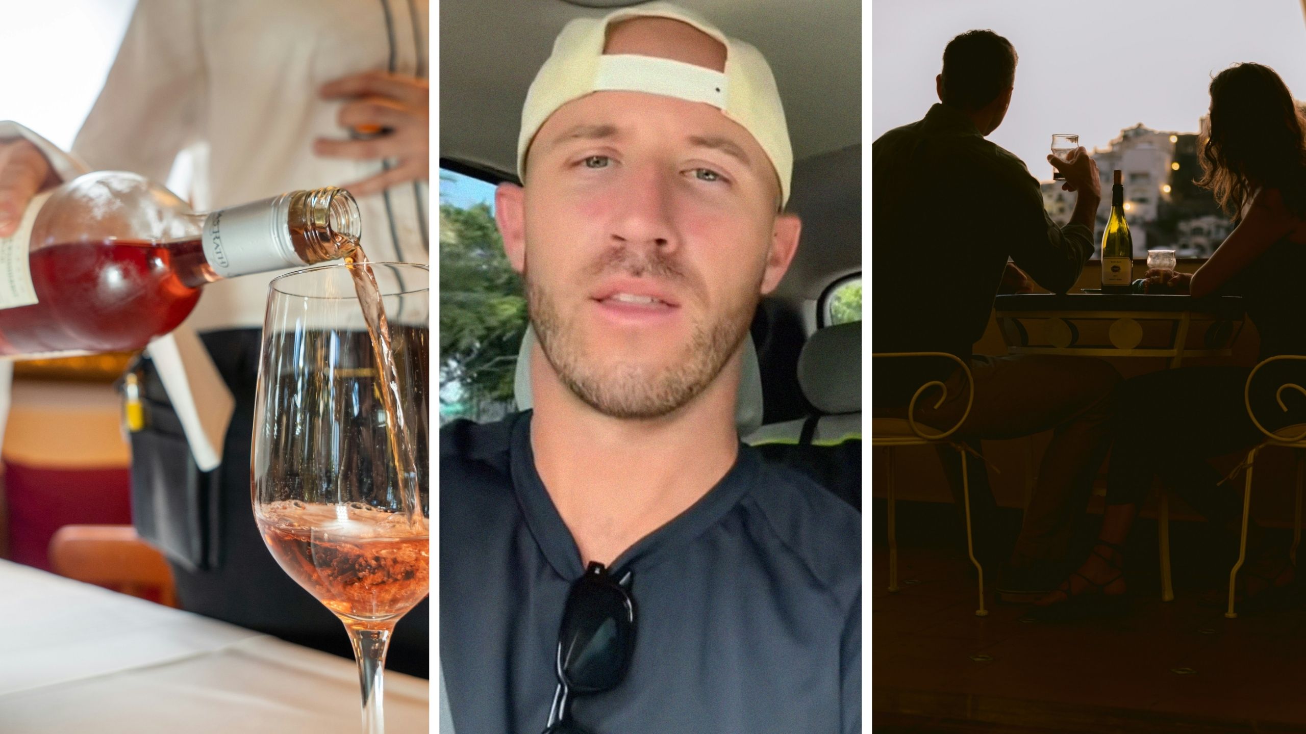 waiter serving wine (l) man shares high-end date experience (c) man and woman on date (r)
