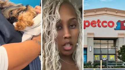 sick puppy (l) woman shares Petco experience (c) Petco storefront (r)