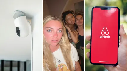 camera inside home (l) woman shares Airbnb experience (c) Airbnb app (r)