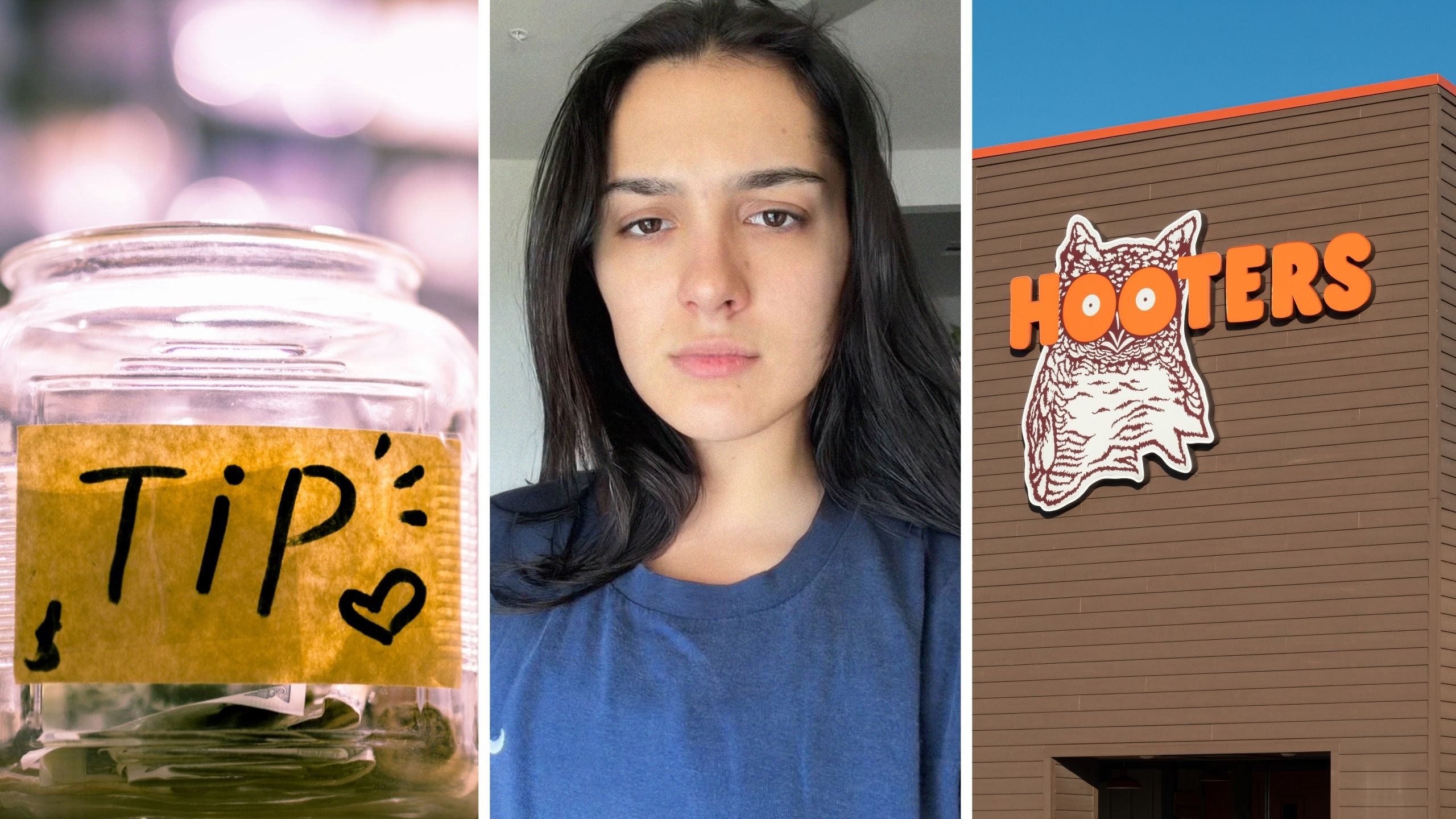tip jar (l) woman shares experience as a hooter waitress (c) Hooters entrance (r)
