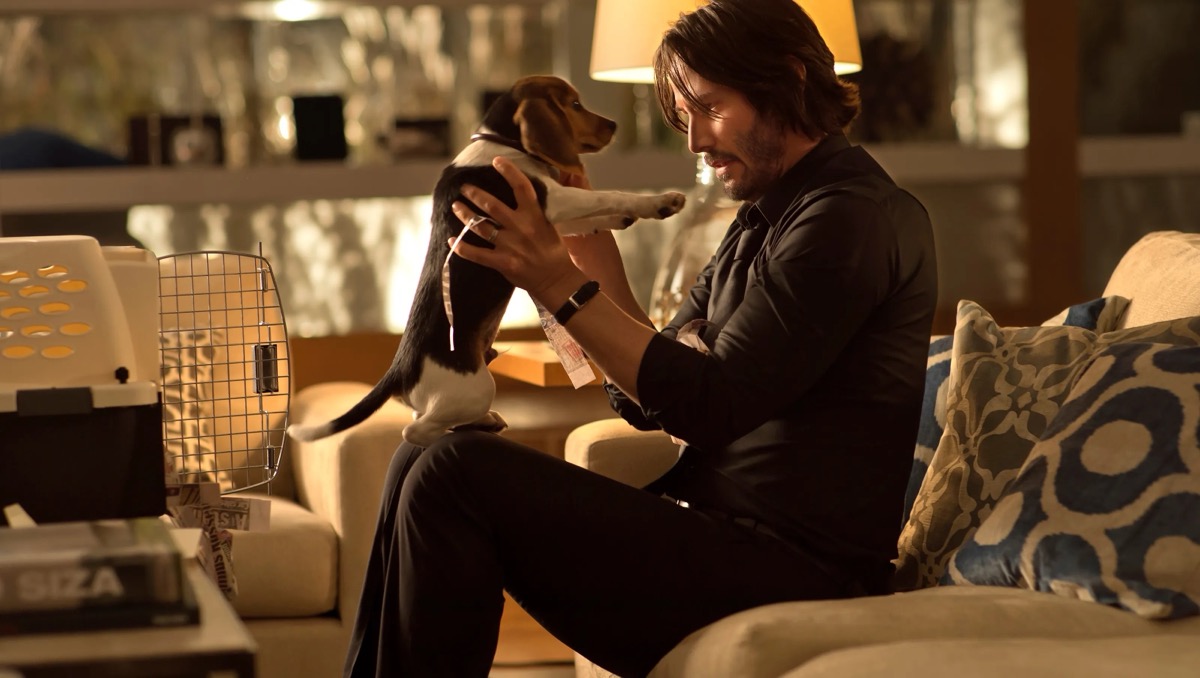 John Wick lovingly cuddles a dog in John Wick