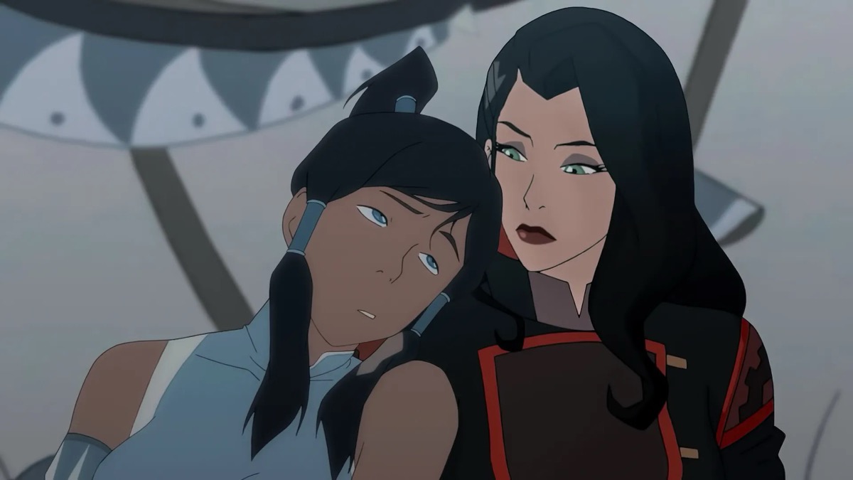 Korra leans on Asami's shoulder in The Legend of Korra