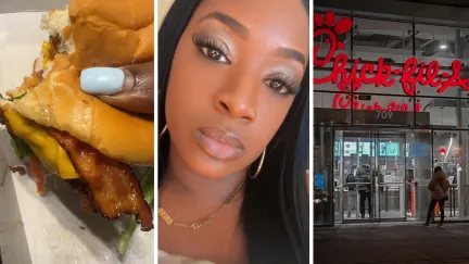 chicken sandwich (l) woman shares food concern (c) Chick-fil-a food chain (r)