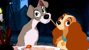 Lady and the Tramp share spaghetti in Lady and the Tramp