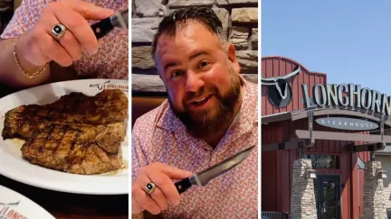 juicy steak (l) man shares steak house experience (c) LongHorn steakhouse (r)