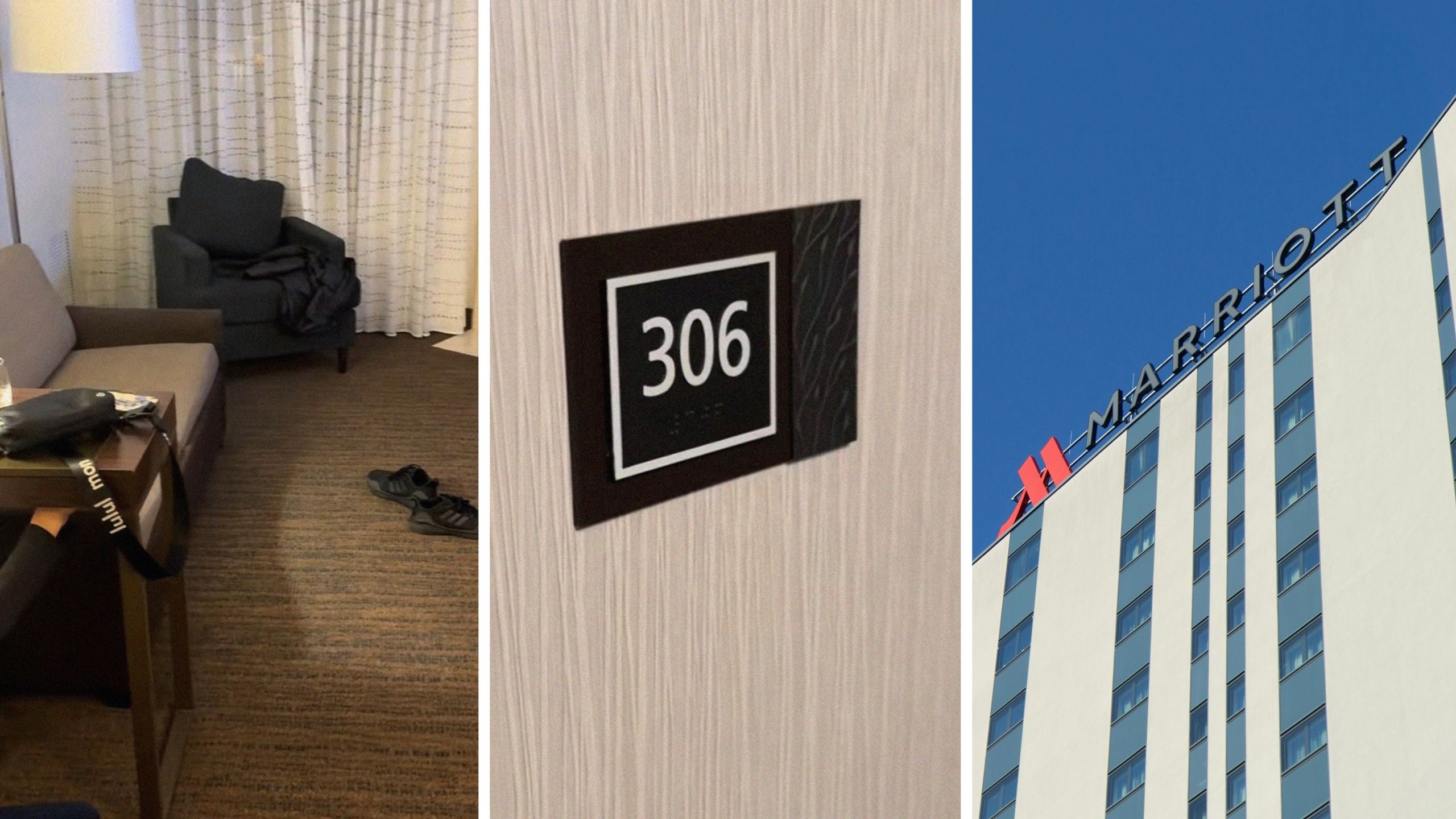 hotel room (l) room number (c) Marriott hotel (r)
