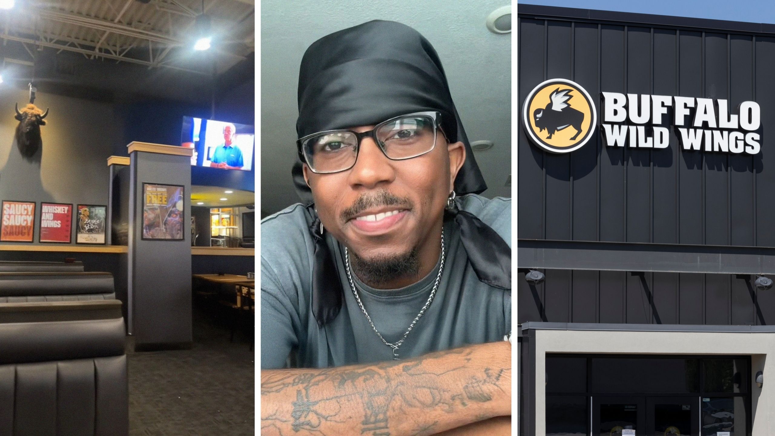Restaurant interior (l) man shares dining out experience (c) Buffalo Wild Wings entrance (r)