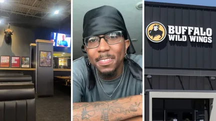 Restaurant interior (l) man shares dining out experience (c) Buffalo Wild Wings entrance (r)