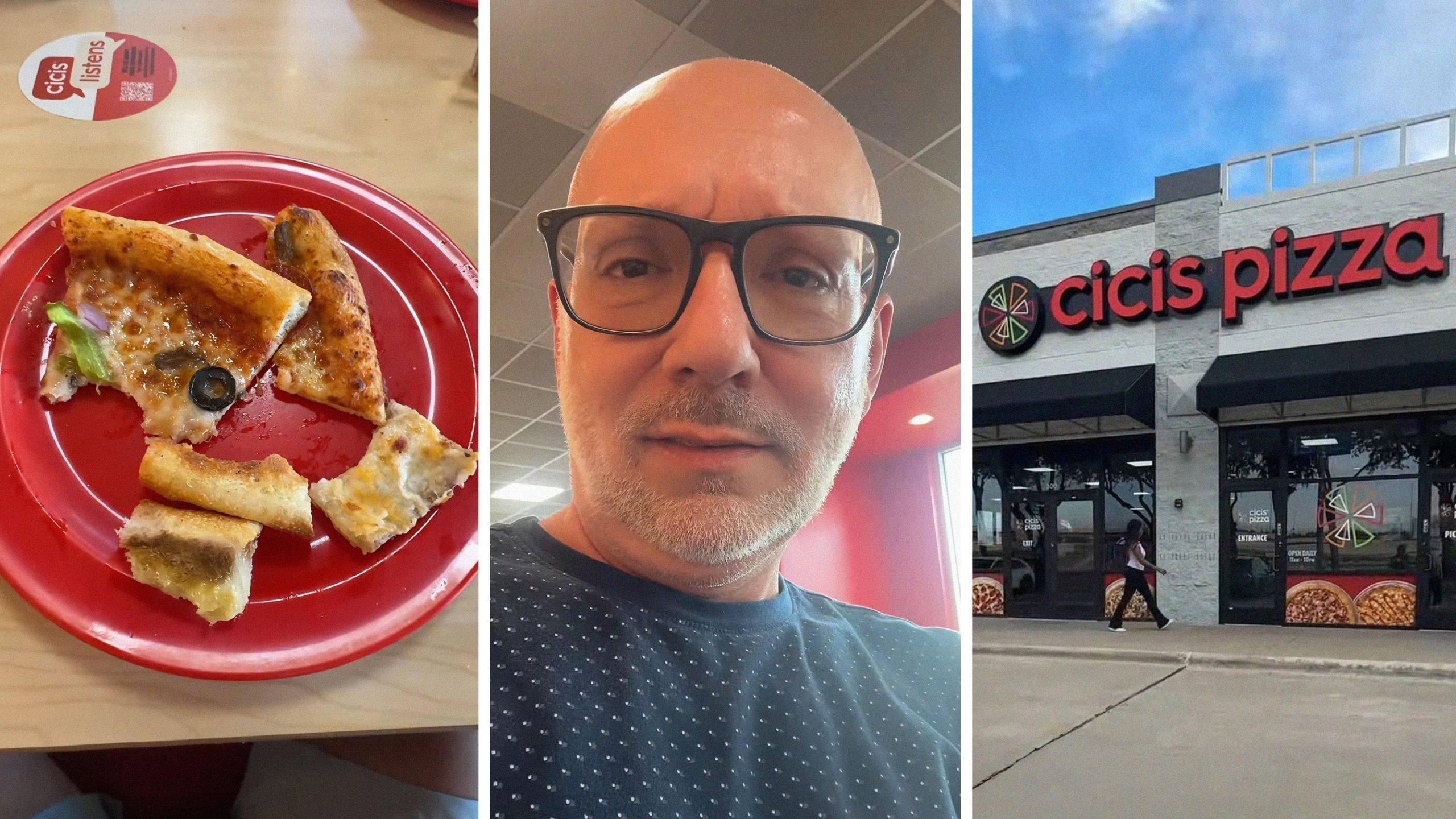 Pizza left overs (l) man shares pizzeria experience (c) Cici's Pizza entrance (r)