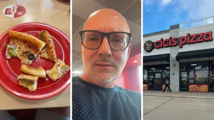 Pizza left overs (l) man shares pizzeria experience (c) Cici's Pizza entrance (r)