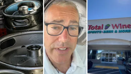 beer keg (l) man shares new prices on beer kegs (c) Total Wine & More storefront (r)