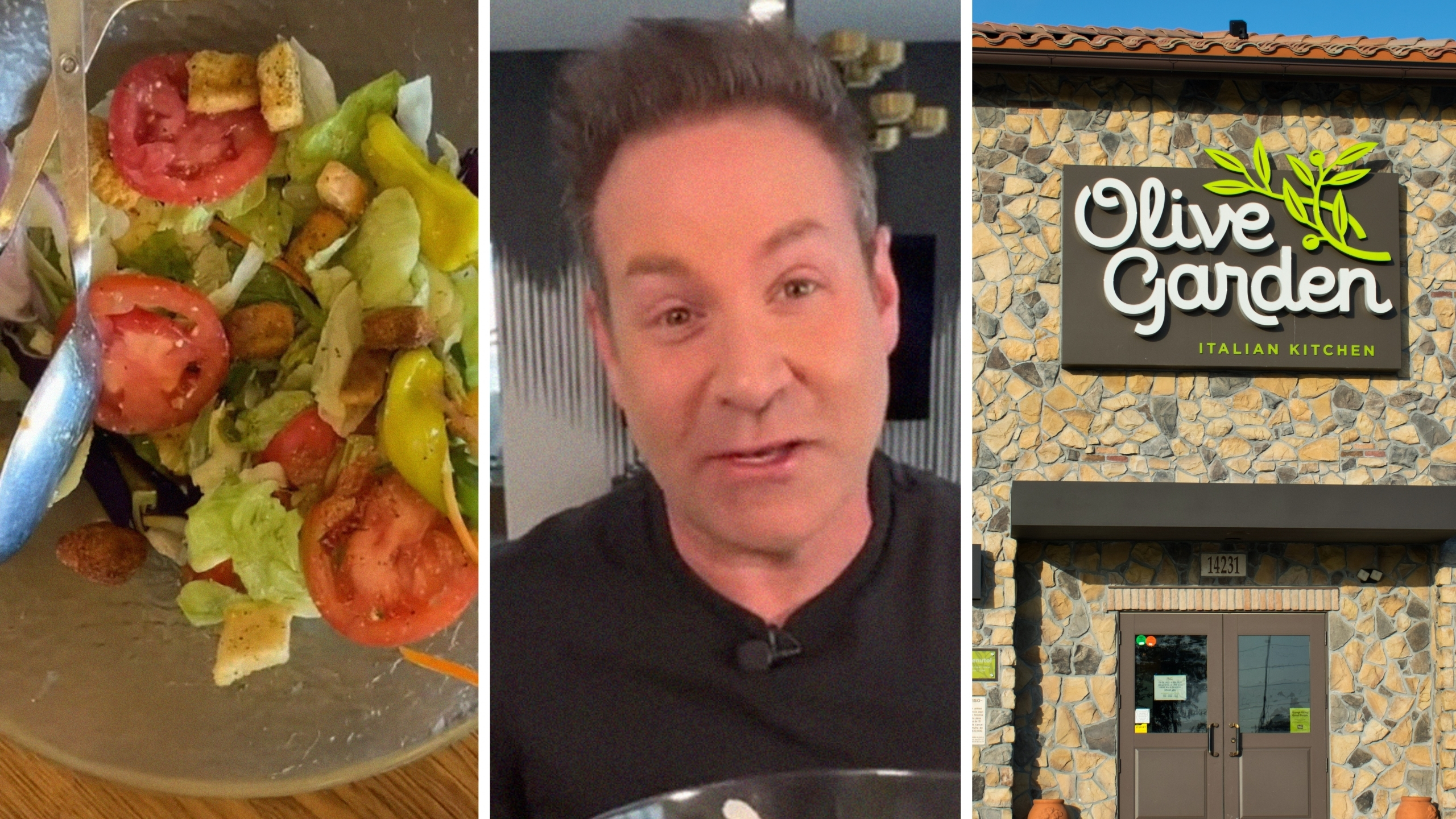 unlimited salad bowl from Olive Garden (l) man shares olive garden salad secret (c) Olive Garden entrance (r)