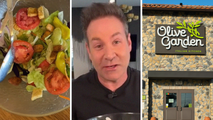 unlimited salad bowl from Olive Garden (l) man shares olive garden salad secret (c) Olive Garden entrance (r)